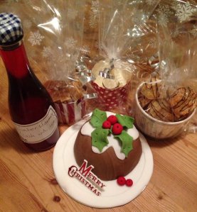 Christmas pudding-cake, macaroons, shortbread, fudge, and some cheeky sloe gin 'winter warmer'!